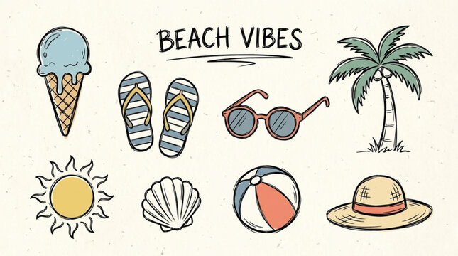 Summer Beach Vacation Icon Set.