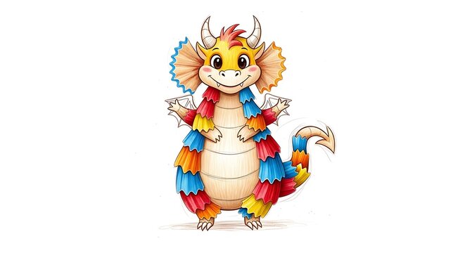 Cute colorful cartoon dragon with pi&ntilde;ata-like fringes on white background