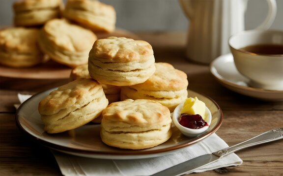 Pila de biscuits de suero de leche caseros reci&eacute;n horneados en un plato con mantequilla y mermelada, ambiente de la hora del t&eacute;