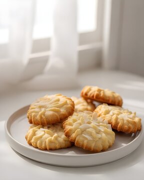 Galletones caseros de mantequilla y almendras en un plato blanco sobre fondo de ventana luminoso