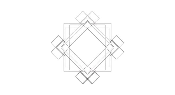 Minimalist geometric pattern of overlapping squares and diamonds, abstract line art design isolated on white background