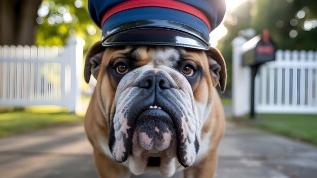 Perro bulldog ingl&eacute;s disfrazado de cartero con gorra azul frente a un buz&oacute;n y valla blanca, concepto de entrega y servicios postales