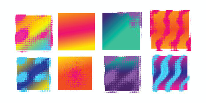 Vibrant colorful patterns displayed on multiple gradient squares indoors