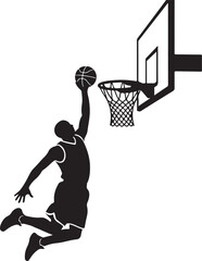 Black silhouette of a basketball player jumping high to perform a powerful slam dunk into a basketball hoop and net in a professional game match silhouette vector © Mostakim72
