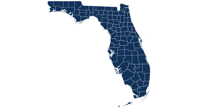 Florida Map with County Lines - Dark Blue on White Background