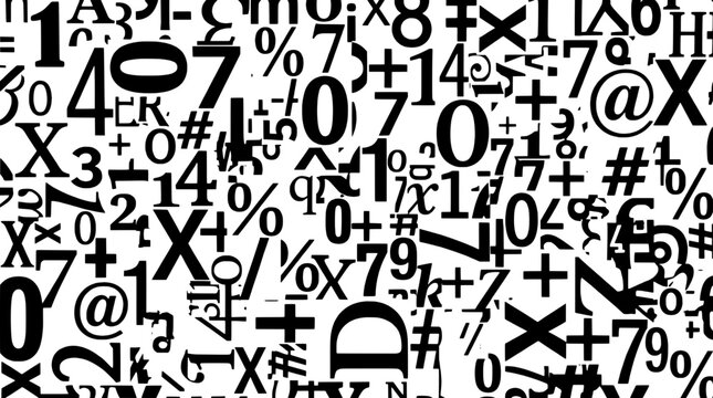 Typography character collage with distressed grunge symbols, percentage signs, and mathematical marks on white background