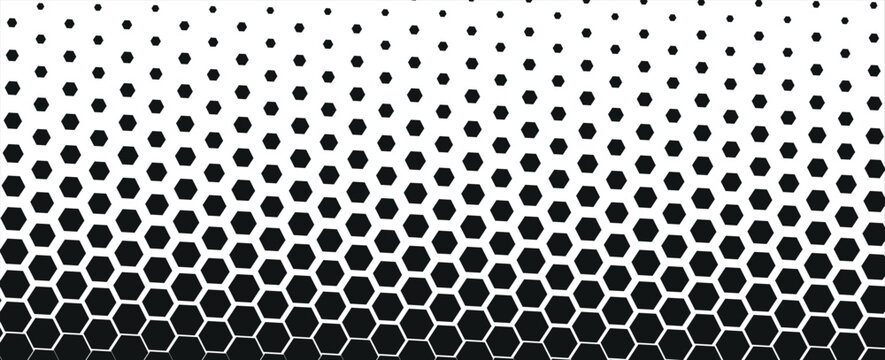 PrinBlack hexagon gradient texture. Fading honeycomb pattern background. Geometric hexagonal halftone tech overlay backdrop. Horizontal grunge halfton wallpaper. Vector retro technology dot texuret