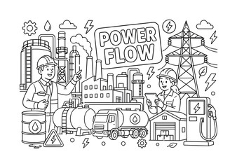 Obraz premium Energy Industry Systems. Clean outline banner scene of energy industry systems with 2 characters, one engineer inspecting an oversized factory plant and giant power tower, oil barrel, refinery tank,