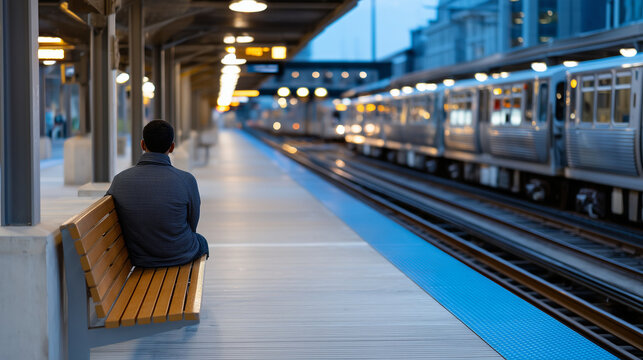 photo of an eerily empty train platform at dawn, a lone commuter sitting on a bench with slumped shoulders, a departing train visible at the far end. Long perspective, cool blue mo