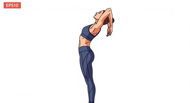 Woman performing upward salute yoga pose on white background.
