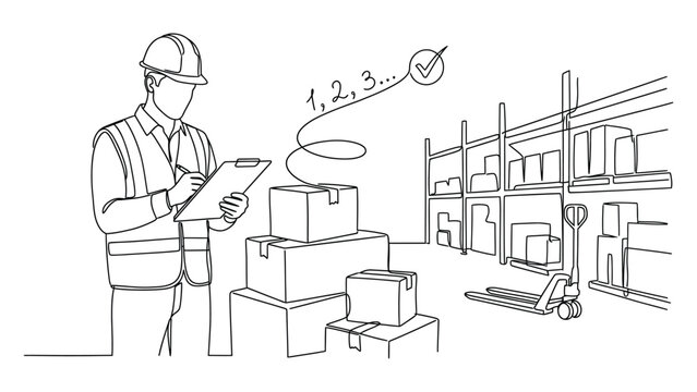 continuous line art worker checking inventory in warehouse.