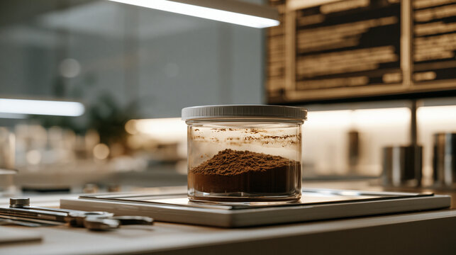 Martian regolith sample container sitting sealed on a laboratory examination tray under intense sterile white overhead lighting, scientific measurement tools precisely arranged beside it as containm