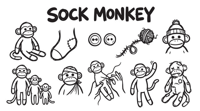 Hand drawn sock monkey illustrations showing different monkeys, socks, buttons, and yarn for crafting theme.