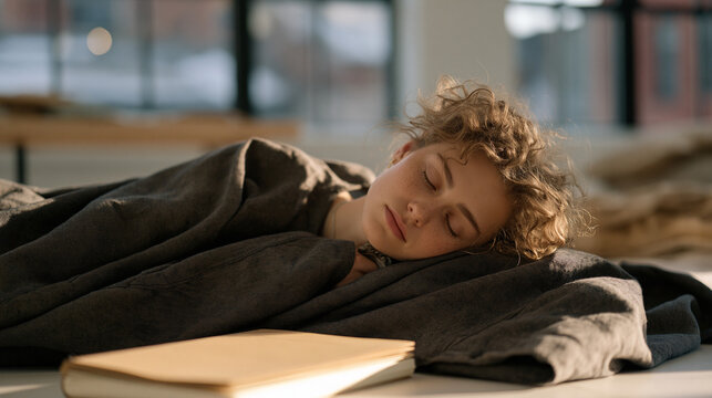 Freelance illustrator lying face-up on her studio floor in the middle of the afternoon, sketchbook closed on her chest, burnout and creative depletion plain in her stillness, studio windows showing 