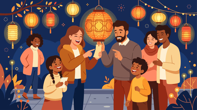 This flat design illustration captures the lively tradition of solving lantern riddles during the Mid-Autumn Festival, with people of all ages enjoying the interactive game.