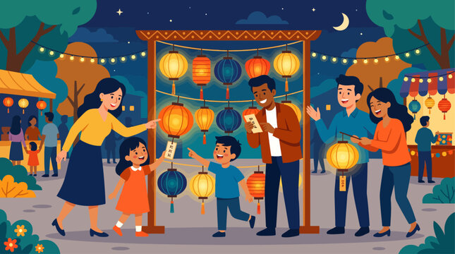 This flat design illustration captures the lively tradition of solving lantern riddles during the Mid-Autumn Festival, with people of all ages enjoying the interactive game.