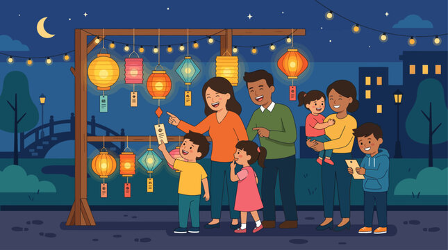 This flat design illustration captures the lively tradition of solving lantern riddles during the Mid-Autumn Festival, with people of all ages enjoying the interactive game.