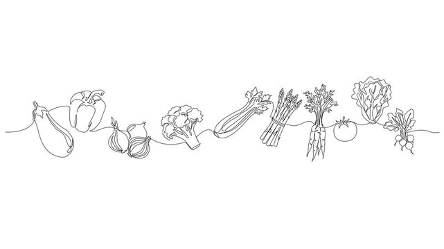 animated continuous line drawing of various fresh vegetables, food preparation, healthy eating and cooking line art animation