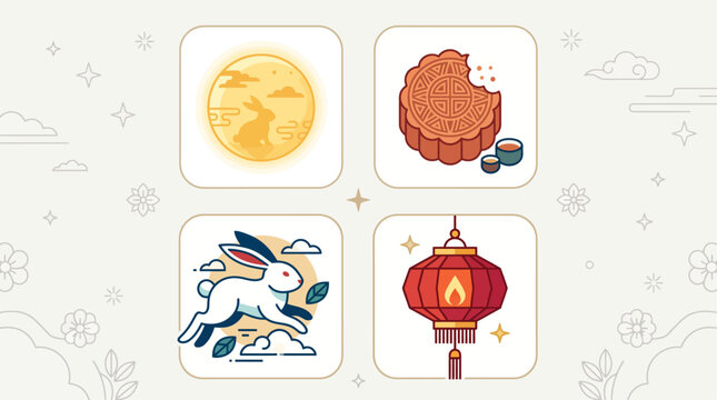 This flat design illustration presents a clean set of abstract icons symbolizing the core elements of the Mid-Autumn Festival in a modern, minimalist style.