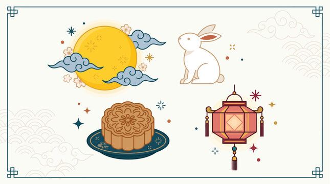 This flat design illustration presents a clean set of abstract icons symbolizing the core elements of the Mid-Autumn Festival in a modern, minimalist style.