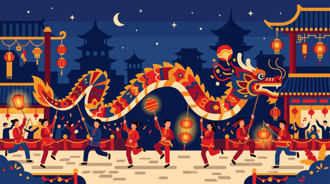 This flat design illustration captures the energetic spectacle of a dragon dance, a vibrant cultural performance often seen during the Mid-Autumn Festival, illuminated by traditional lanterns.