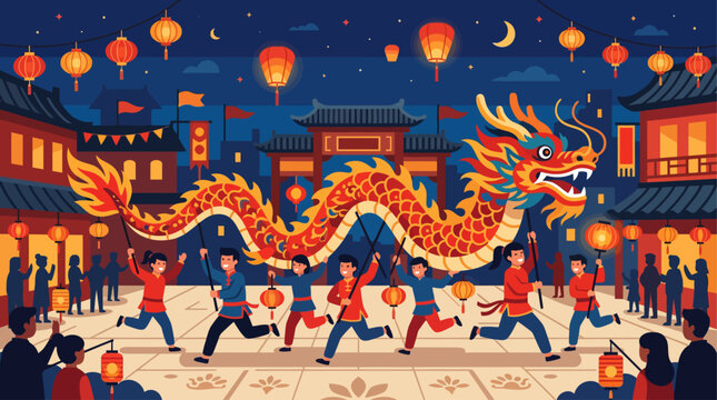 This flat design illustration captures the energetic spectacle of a dragon dance, a vibrant cultural performance often seen during the Mid-Autumn Festival, illuminated by traditional lanterns.