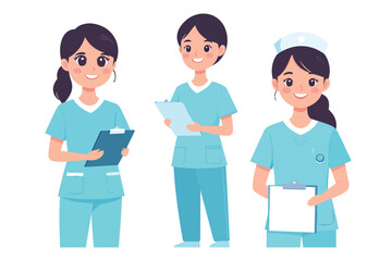 Fototapeta premium Three smiling nurses in scrubs holding clipboards in different poses