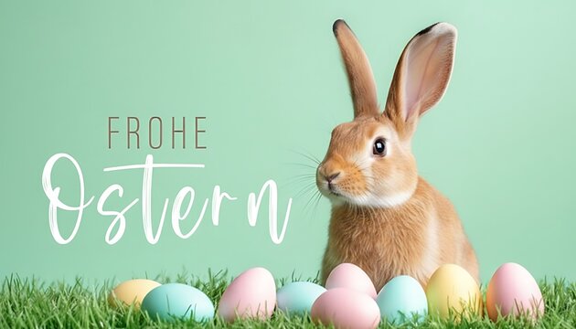 Cute brown rabbit sitting among pastel colored easter eggs on green grass with german greeting