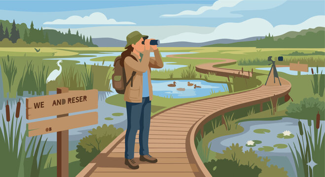 Vector of a birdwatcher using binoculars in a wetland reserve, promoting non-invasive nature observation.