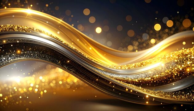 Flowing gold & silver waves glisten against bokeh-filled background