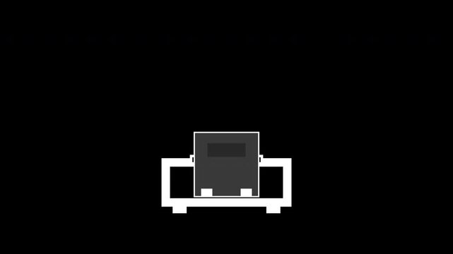 Minimal retro pixel animation featuring a gray pixel block dropping into a white slot platform on a clean black background