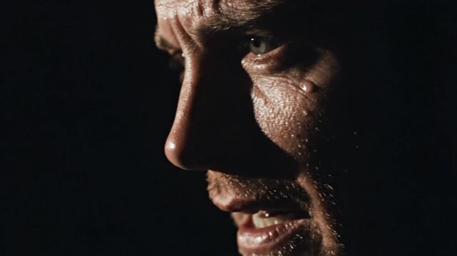 Cinematic Close-Up of a Sweating Adult Man with Visible Beads of Perspiration on His Forehead and Face in Dark Dramatic Low-Key Lighting against a Solid Black Background.