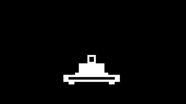 Minimal retro pixel animation featuring a simple press button moving onto a glowing platform on a clean black background