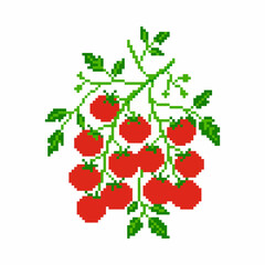Fototapeta premium A vibrant pixel art cluster of tomatoes hangs from a lush green vine with leaves.