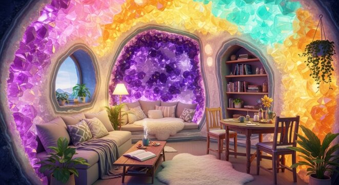 Fantasierijk interieur met muren van edelstenen en een knusse woonruimte.