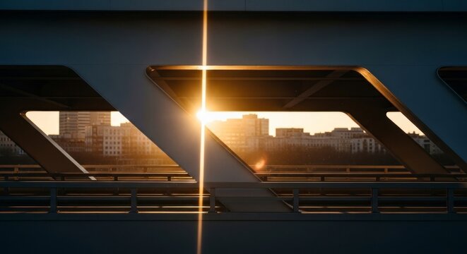 Geometrisch brugontwerp met gouden zonlicht dat de stedelijke skyline verlicht.