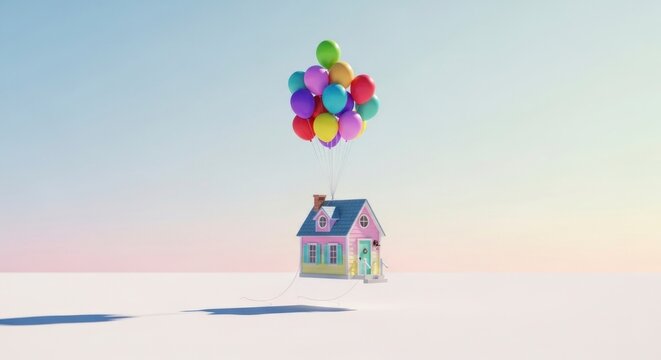 Een huis dat zweeft met ballonnen tegen een hemel met kleurverloop - een speelse illustratie