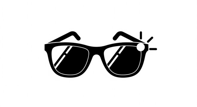 Black Silhouette of Eyeglasses with a Small White Circle and Lines Indicating a Glint.