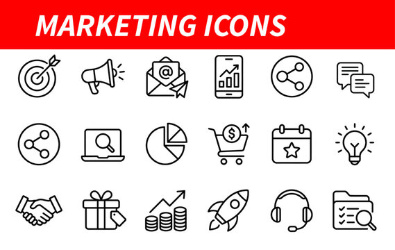 Marketing icons collection with megaphone email phone social share chat laptop pie chart shopping cart calendar lightbulb handshake gift coins rocket headphones checklist