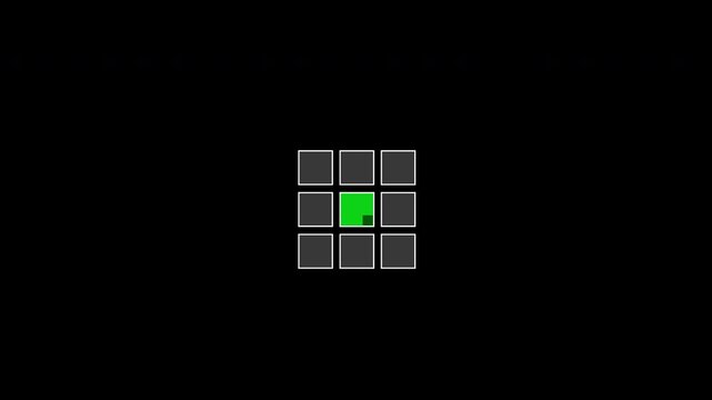 Minimal retro pixel animation featuring a green square tile moving into a gray 3x3 grid on a clean black background