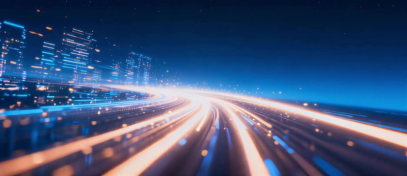 Abstract digital highway of light representing high-speed data transfer, network connectivity, and technological advancement in a futuristic urban environment
