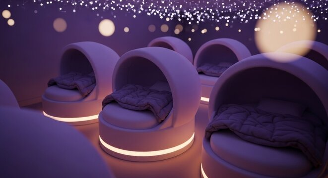 Moderne pods met zachte verlichting, ideaal voor rust en ontspanning.