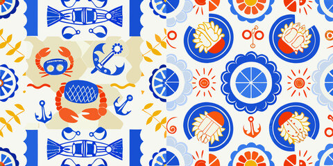 Nautical pattern with fish crabs and anchors colorful vector illustration © Ganesh