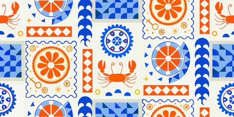 Nautical pattern with crabs wheels and geometric shapes vector illustration © Ganesh