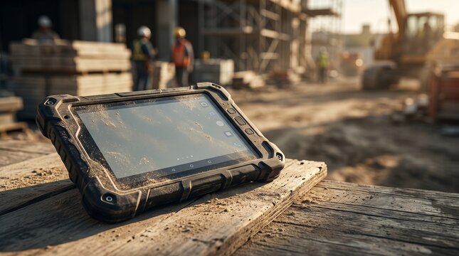 Rugged tablet computer on wooden pallet at construction site exterior