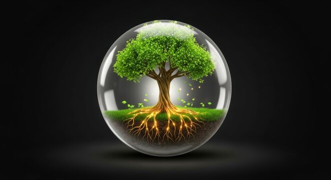 Een boom in een transparante bol op een zwarte achtergrond symboliseert de natuur en groei.