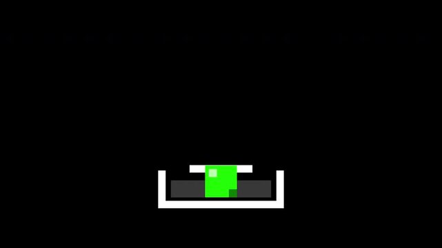 Retro pixel style loading animation featuring a green pixel cube dropping onto a glowing yellow platform over a clean black background