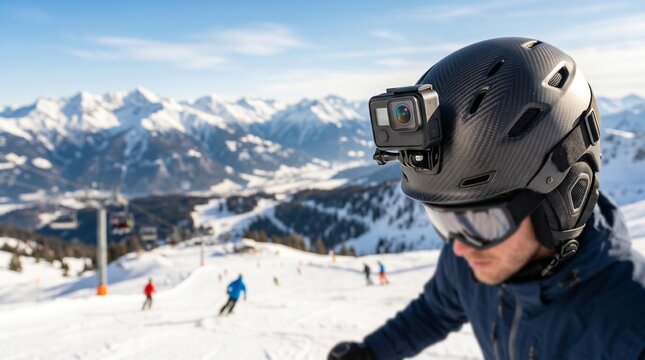 Skier wearing helmet with action camera on snowy mountain ski resort slope