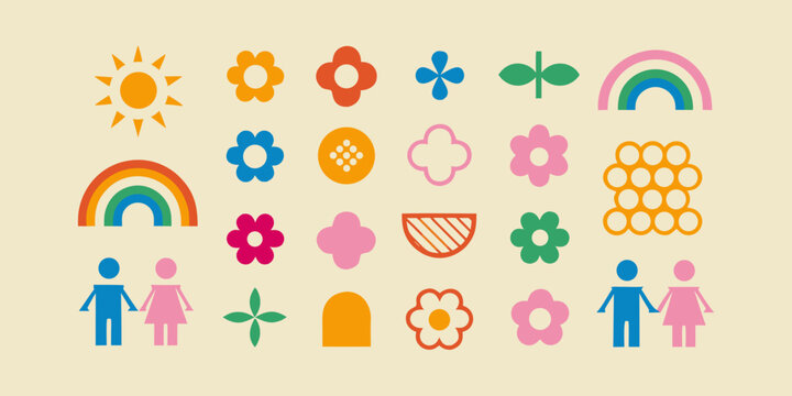 Floral and nature themed icons with sun rainbow and people