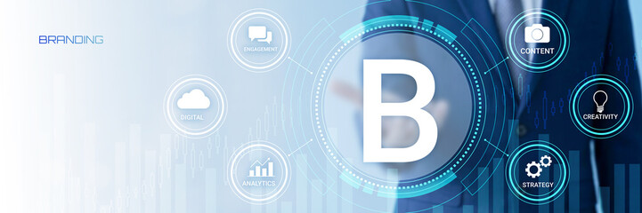 Modern digital branding concept featuring interconnected elements like strategy creativity analytics content and engagement surrounding a large stylized letter B © KHAN VECTOR CO. 